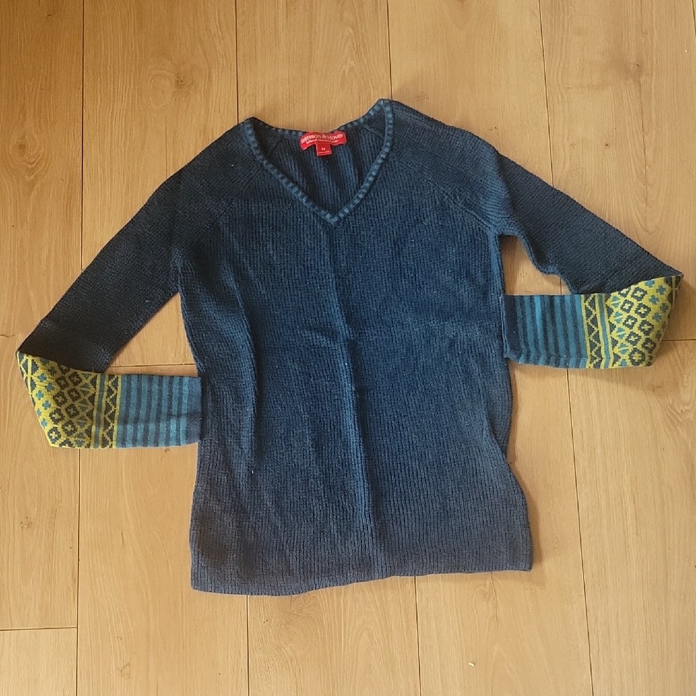 Krimson Klover Navy V-Neck Sweater with Green Accents